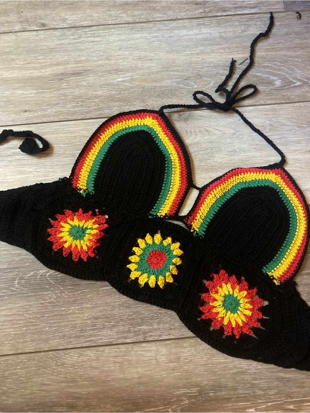 Handmade Black Crochet Triangle Bikini Top with Rainbow Trim